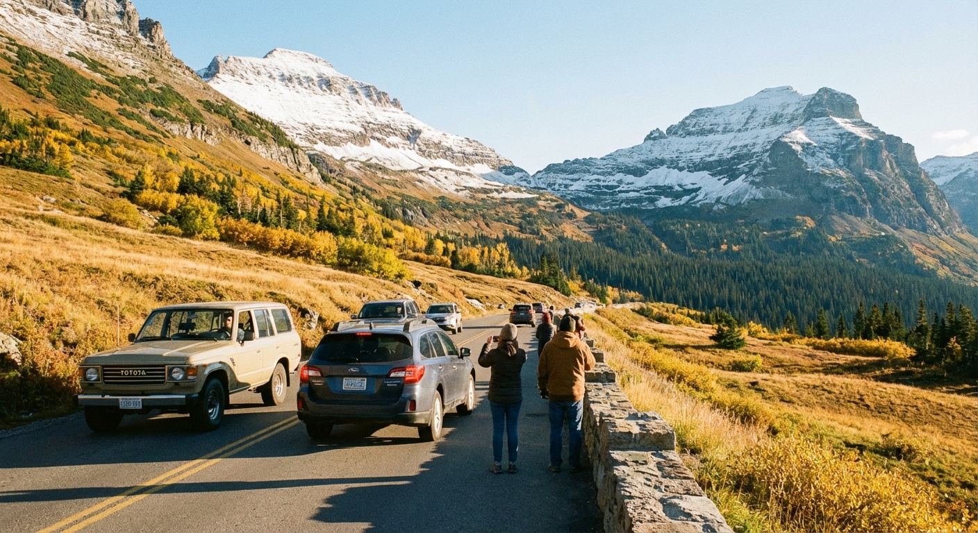 A real photograph of Going-to-the-Sun Road near Logan Pass in Glacier National Park on a crisp September morning, with golden tundra grasses and a few cars pulling into the overlook