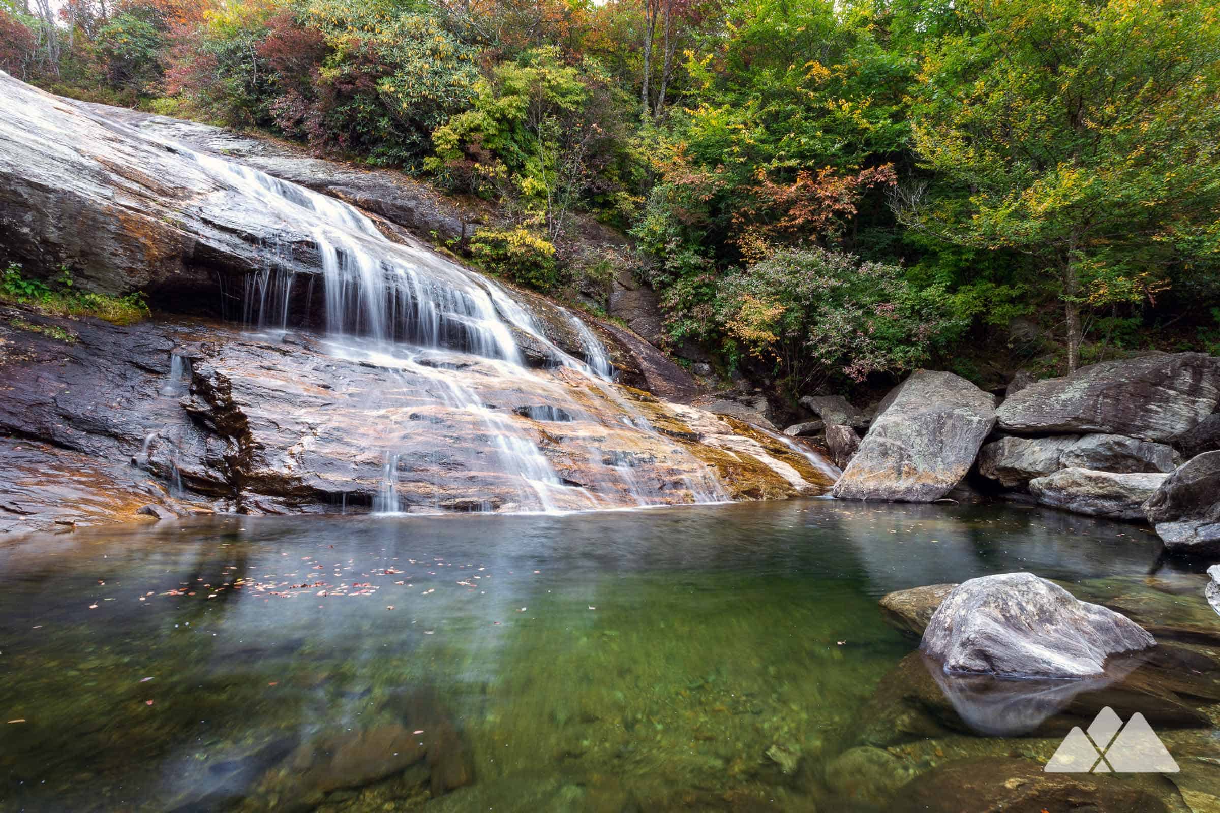 A real photograph of Graveyard Fields Lower Falls near the Blue Ridge Parkway, with a white cascade dropping over dark rock into a pool surrounded by green forest