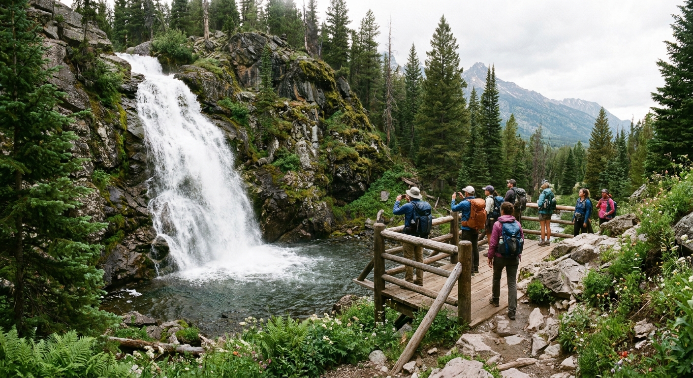 A real photograph of Hidden Falls in Grand Teton National Park with water cascading over dark rock and hikers standing on a nearby trail viewpoint