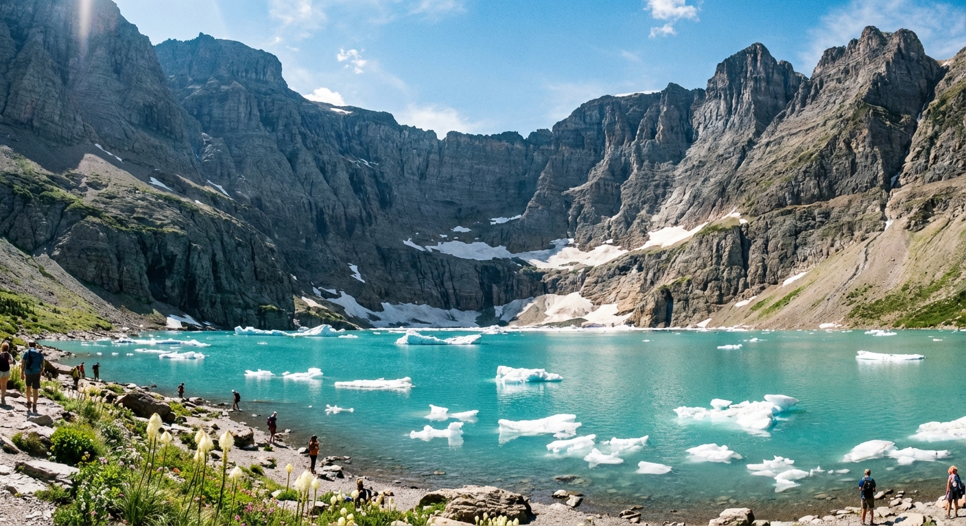 A real photograph of Iceberg Lake in Glacier National Park in midsummer, showing turquoise water with small floating ice pieces and tall gray cliffs surrounding the lake under a bright sky