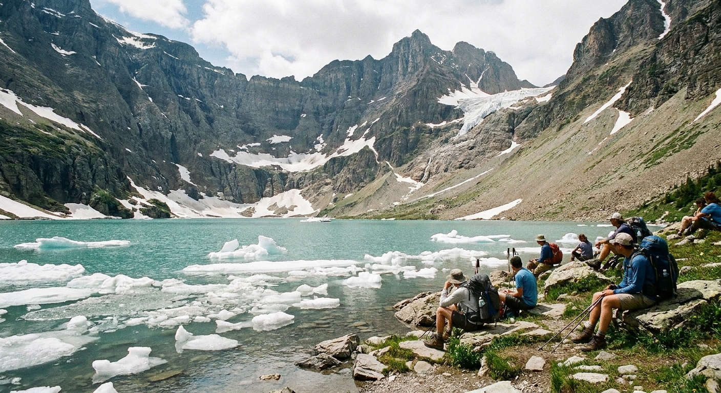 A real photograph of Iceberg Lake in Glacier National Park with small ice chunks floating near the shoreline, steep rocky peaks in the background, and hikers resting near the water