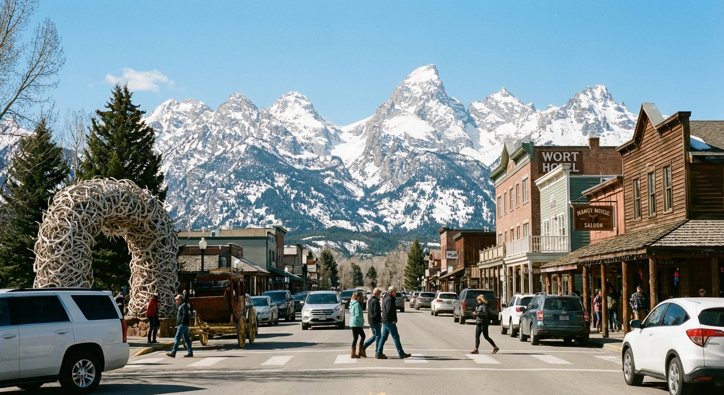 A real photograph of Jackson, Wyoming Town Square with the iconic elk antler arches in the foreground, people crossing the street, and snow-dusted mountains under a bright sky