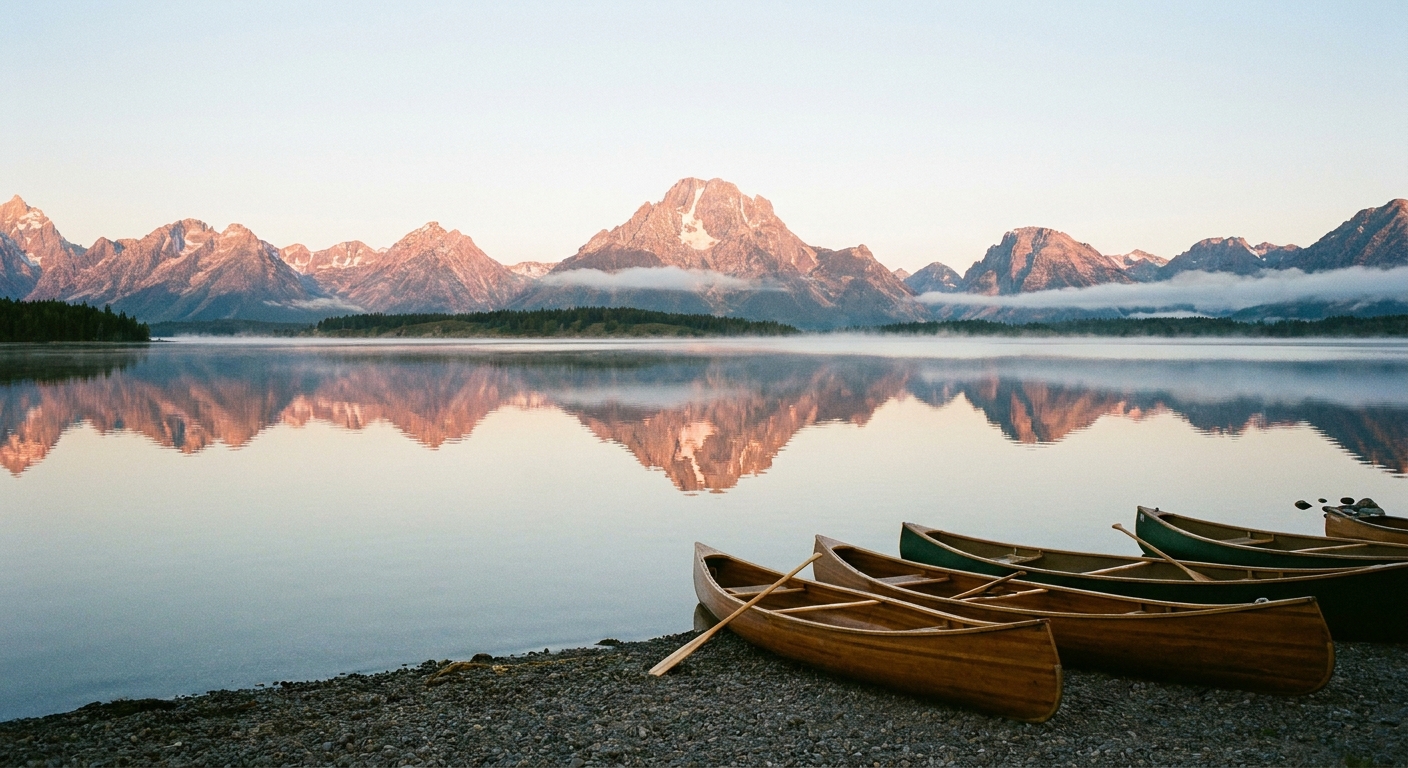 A real photograph of Jenny Lake at sunrise with the Teton Range reflecting in calm water and a few canoes near the shoreline, natural light, no people close to camera