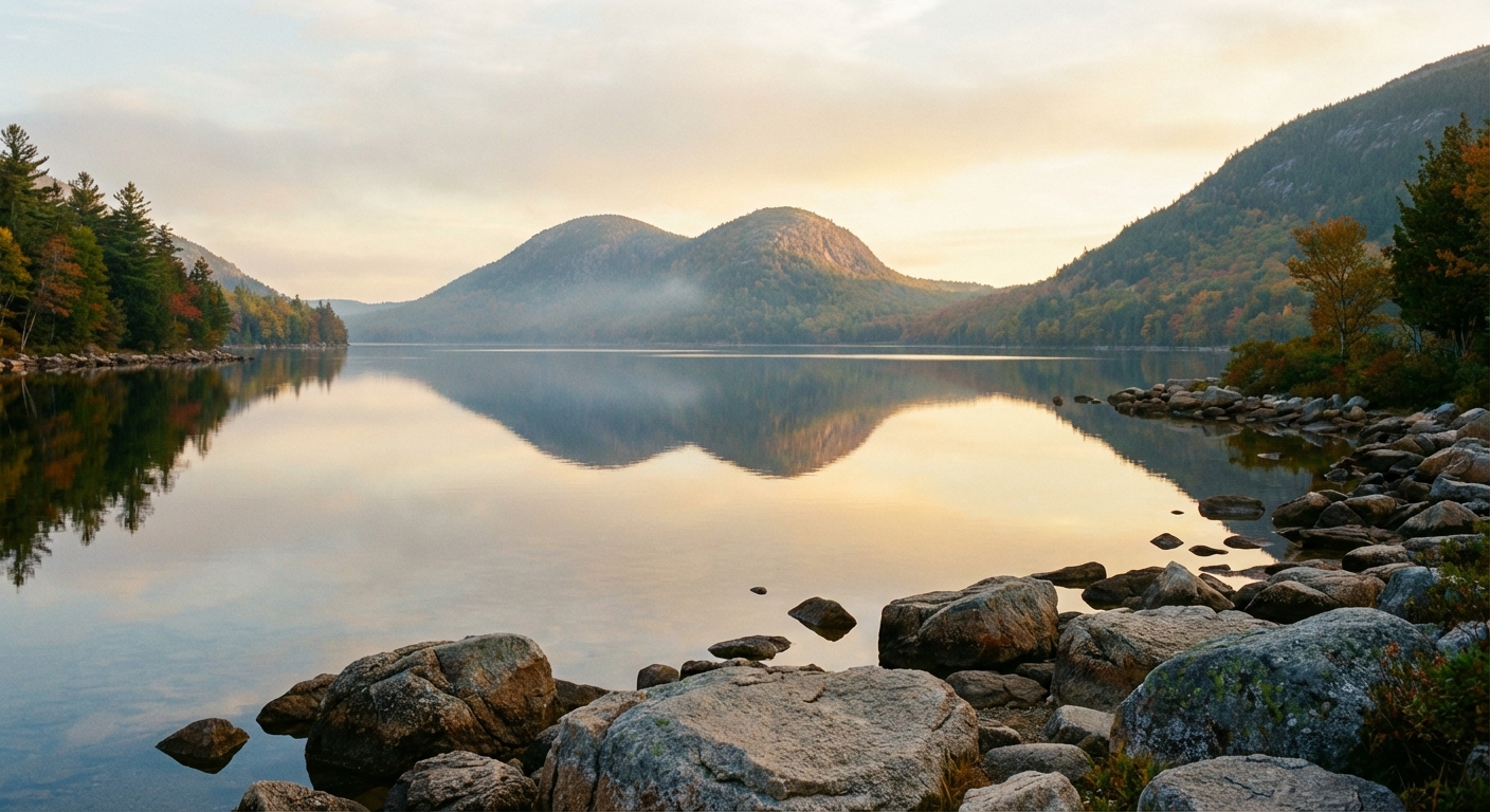 A real photograph of Jordan Pond in Acadia National Park with still water reflecting the rounded peaks of the Bubbles, shoreline rocks in the foreground, and soft morning light with light haze