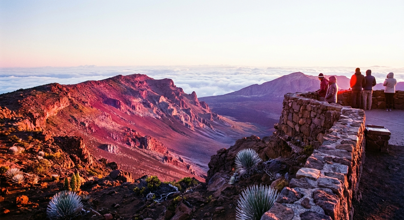 A real photograph of Kalahaku Overlook at dawn in Haleakalā National Park, showing the crater rim glowing pink and orange with a few people standing near the stone wall