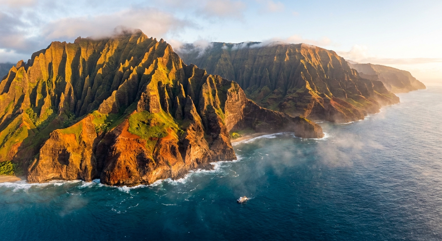A real photograph of Kauai’s Na Pali Coast cliffs glowing in early morning light, with steep green ridgelines dropping into deep blue ocean