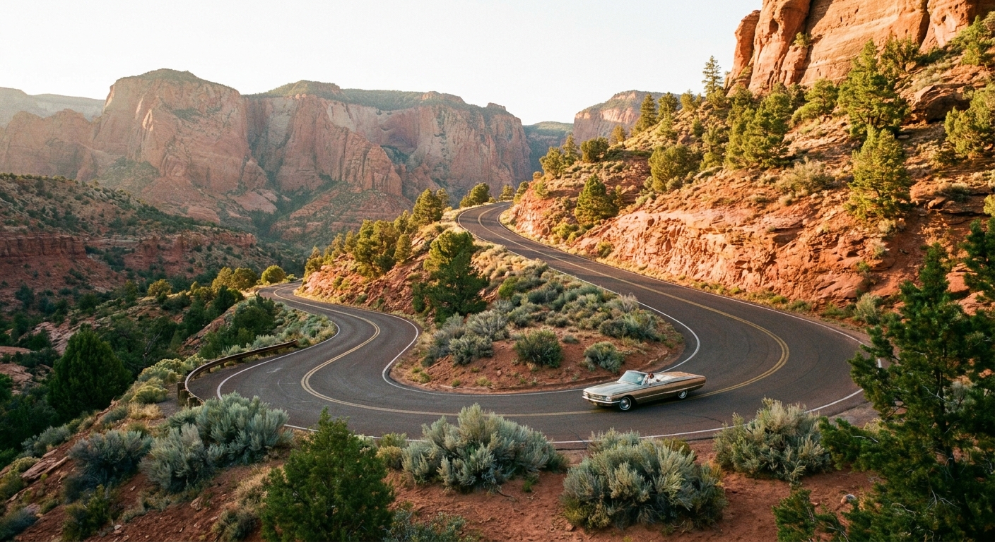 A real photograph of Kolob Canyons Road winding uphill through red rock terrain, with a visible switchback and desert shrubs in soft afternoon light