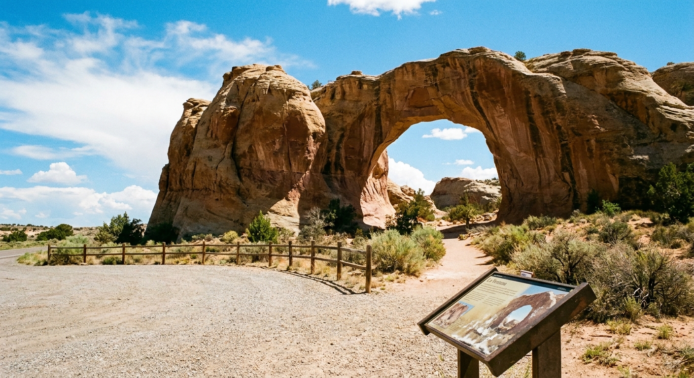 A real photograph of La Ventana natural arch in New Mexico with the sandstone window framed by blue sky, viewed from a roadside pullout