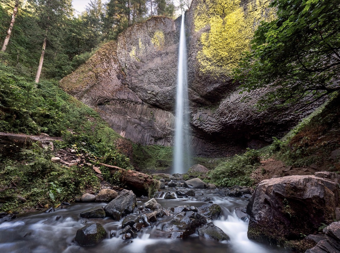 A real photograph of Latourell Falls plunging in a single vertical stream over a basalt cliff, with bright green moss on the rock face and a dirt trail in the foreground