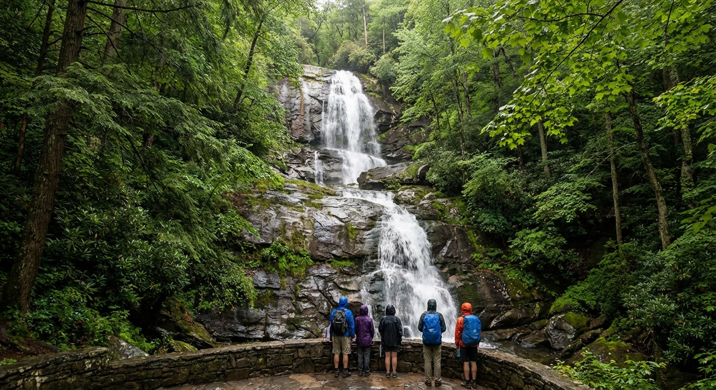 A real photograph of Laurel Falls cascading over dark rock into a forested gorge, with a few hikers standing on the viewing area, lush green trees framing the waterfall