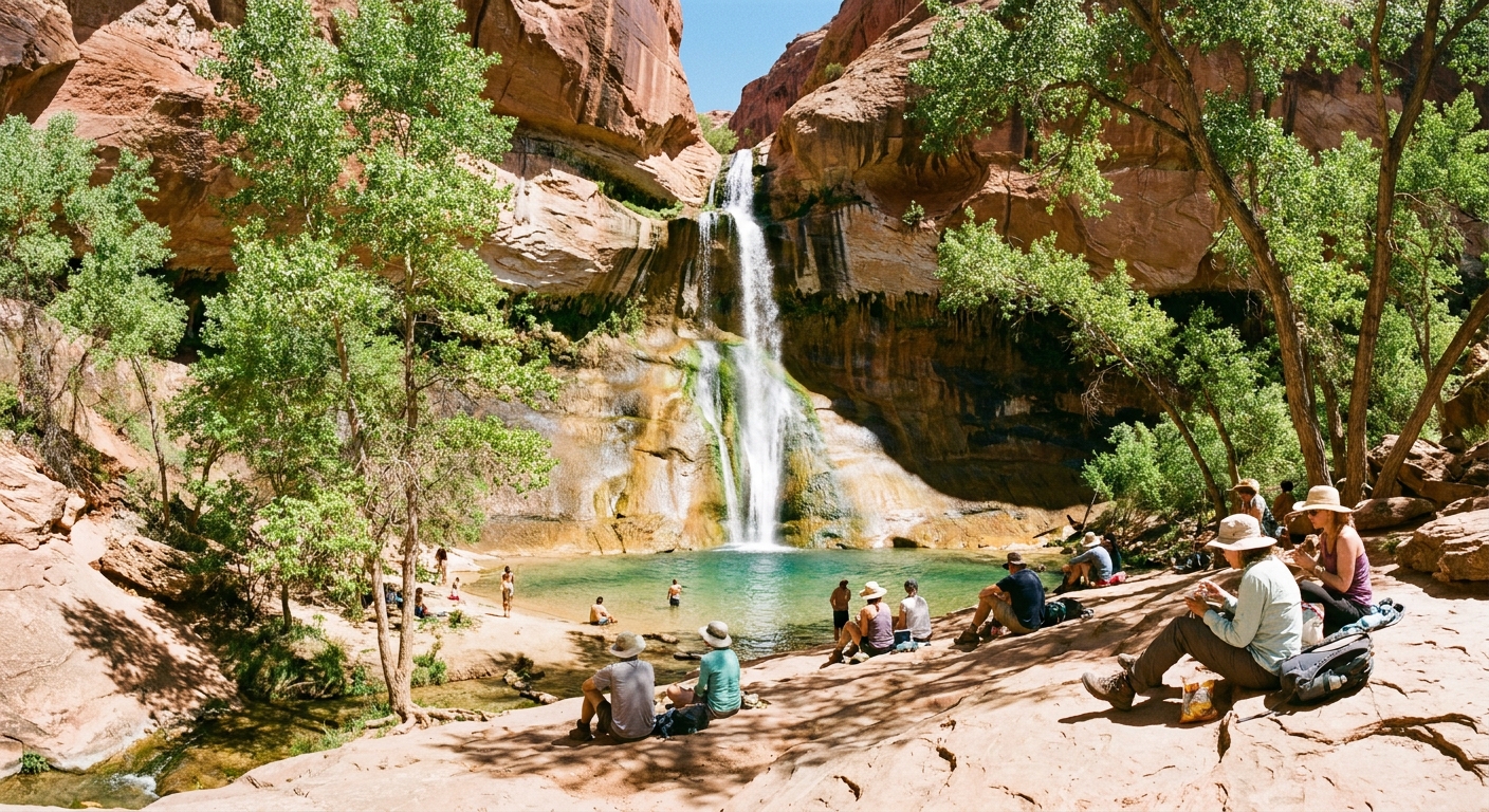 A real photograph of Lower Calf Creek Falls dropping into a turquoise pool, with hikers resting on sunlit slickrock near the water and cottonwood trees lining the creek, midday desert canyon light