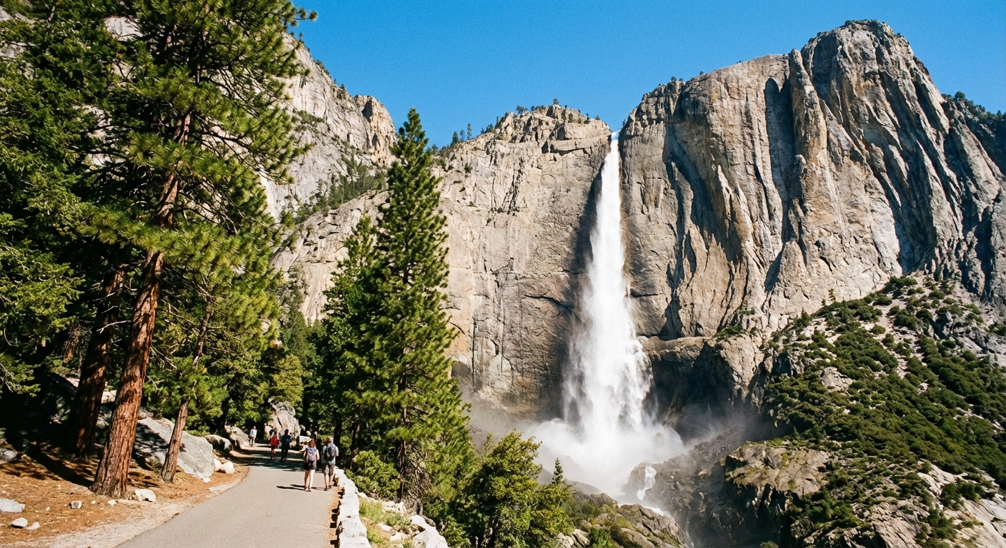 A real photograph of Lower Yosemite Fall dropping in a white ribbon against granite cliffs, with a paved path and pine trees in the foreground, clear blue sky