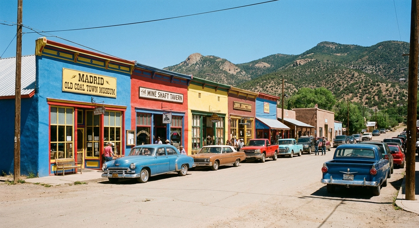 A real photograph of Madrid, New Mexico with colorful storefronts and parked cars along a historic main street, midday sunshine and mountains in the background