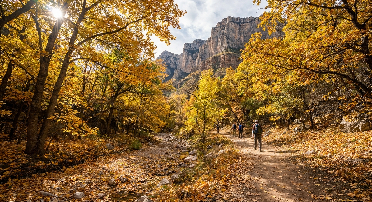 A real photograph of McKittrick Canyon in Guadalupe Mountains National Park with golden fall leaves along a shaded trail and steep limestone walls in the background