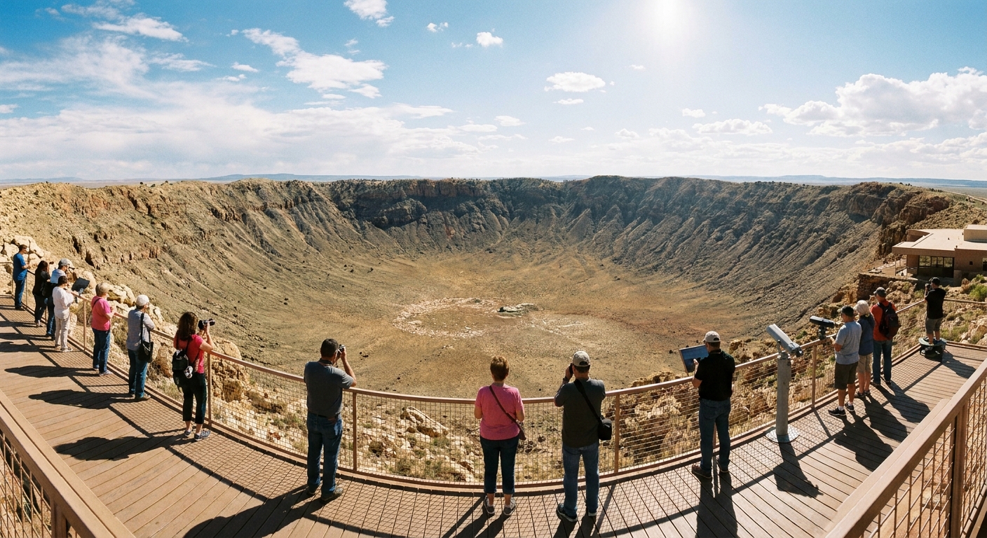A real photograph of Meteor Crater in Arizona viewed from an observation deck, showing the wide circular crater bowl under a bright afternoon sky