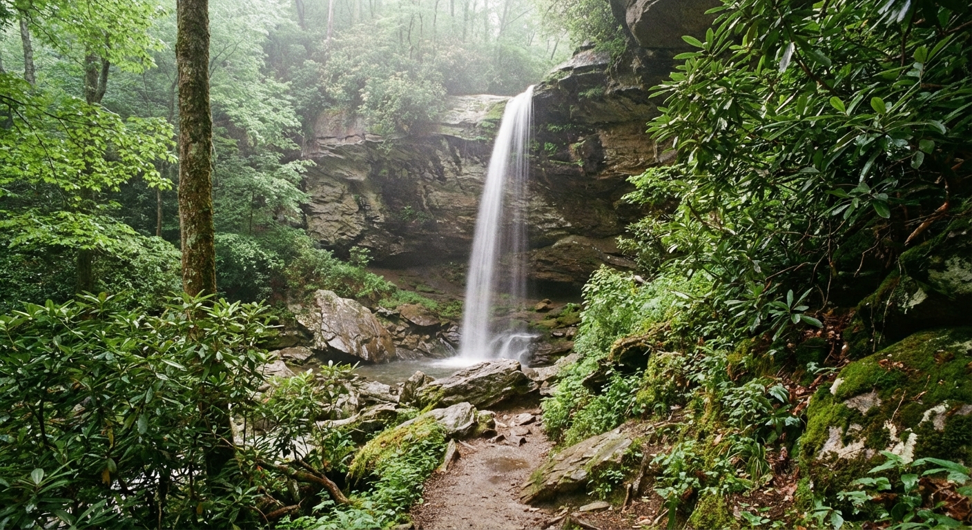 A real photograph of Moore Cove Falls in Pisgah National Forest with a narrow ribbon of water dropping into a rocky alcove, a small footpath in the foreground, soft overcast light