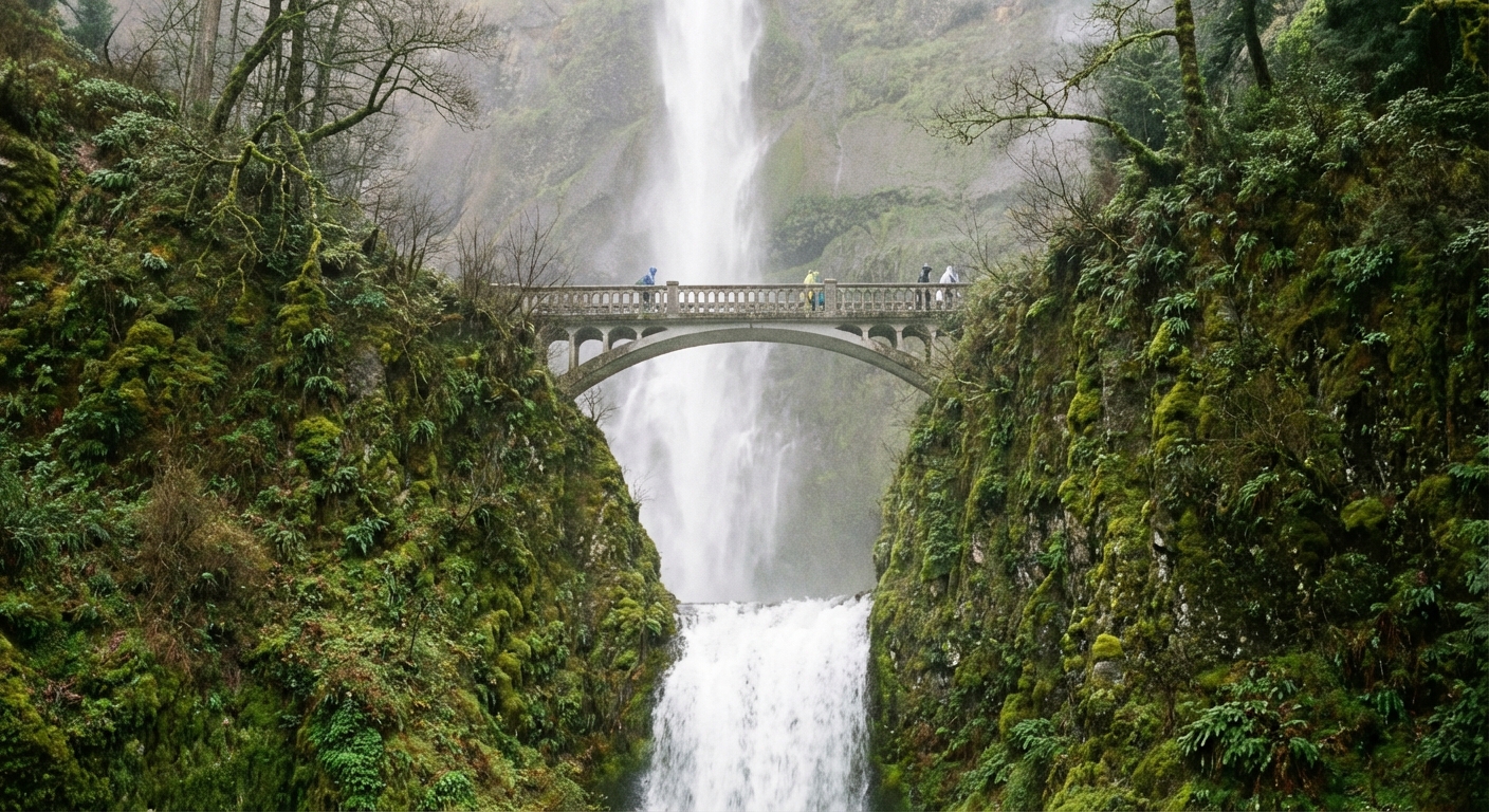 A real photograph of Multnomah Falls with the stone Benson Bridge crossing in front of the upper cascade, mist drifting across the bridge, green cliff walls