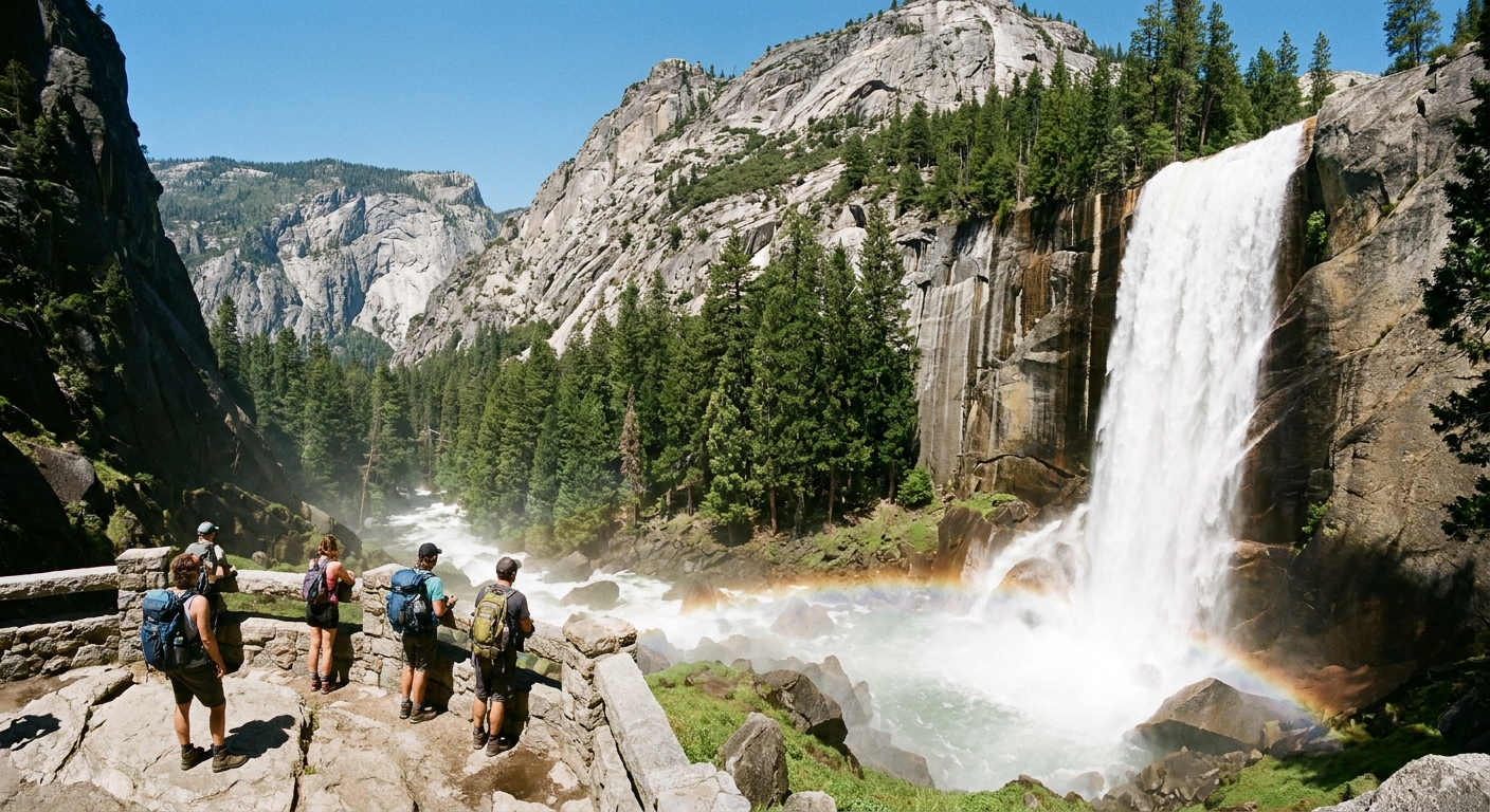 A real photograph of Nevada Fall in Yosemite with hikers standing on a viewpoint above the Merced River on a clear day