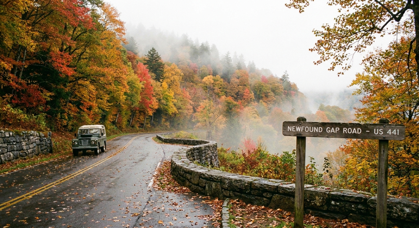 A real photograph of Newfound Gap Road (US 441) curving through dense Smoky Mountain forest in autumn with soft morning fog in the trees