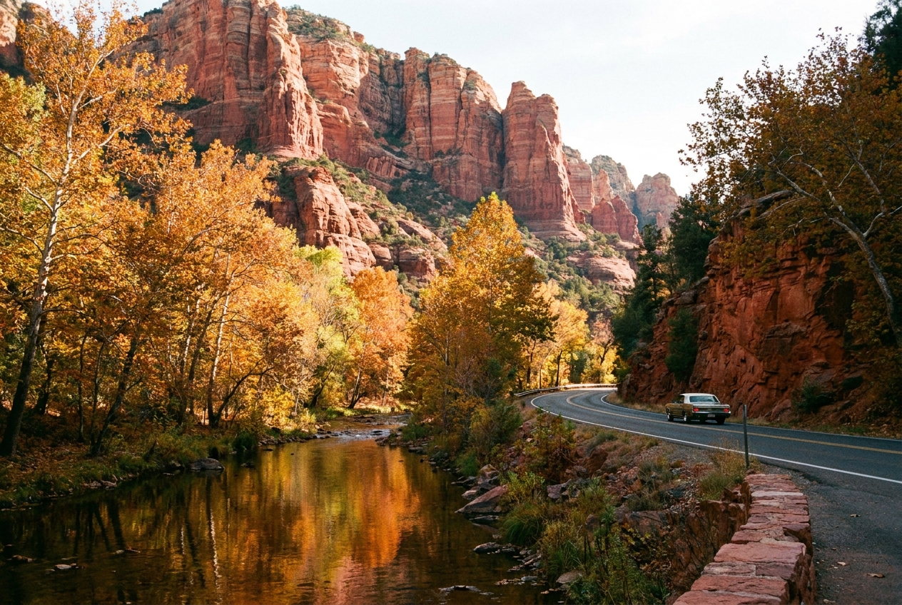 A real photograph of Oak Creek Canyon along State Route 89A near Sedona, with golden autumn trees lining the creek and red rock cliffs rising above the road
