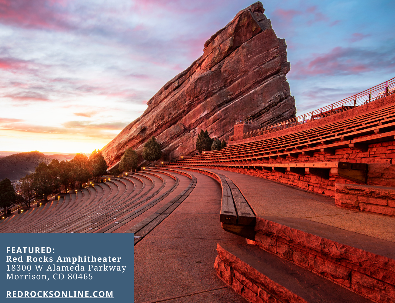 A real photograph of Red Rocks Amphitheatre in Morrison, Colorado at sunrise, with empty red sandstone seating and warm light on the stage area