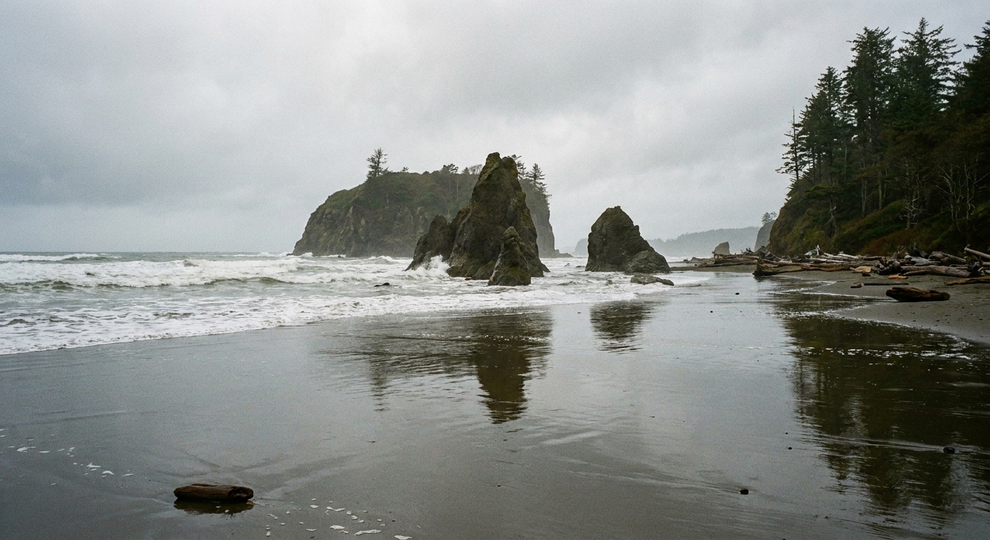 A real photograph of Rialto Beach in Olympic National Park with large sea stacks rising from the surf under an overcast sky, wet sand reflecting the shoreline