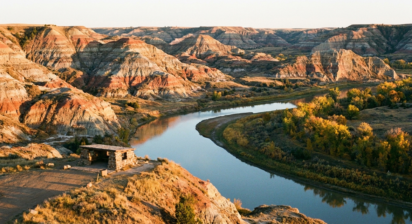 A real photograph of River Bend Overlook in Theodore Roosevelt National Park North Unit, showing the Little Missouri River curving through layered badlands in warm late-day light