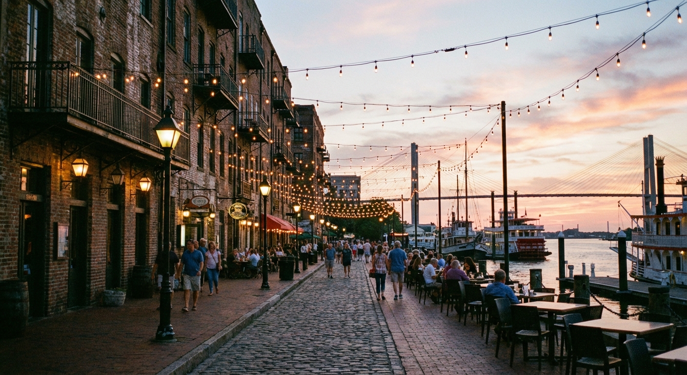 A real photograph of River Street in Savannah with historic brick buildings, string lights, and the Savannah River visible beyond the promenade