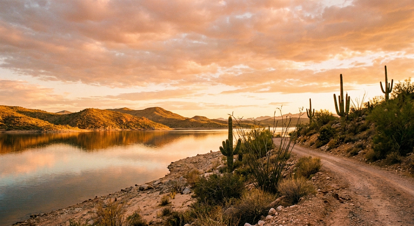 A real photograph of Roosevelt Lake shoreline in Arizona during golden hour with calm water, desert hills, and a wide sky