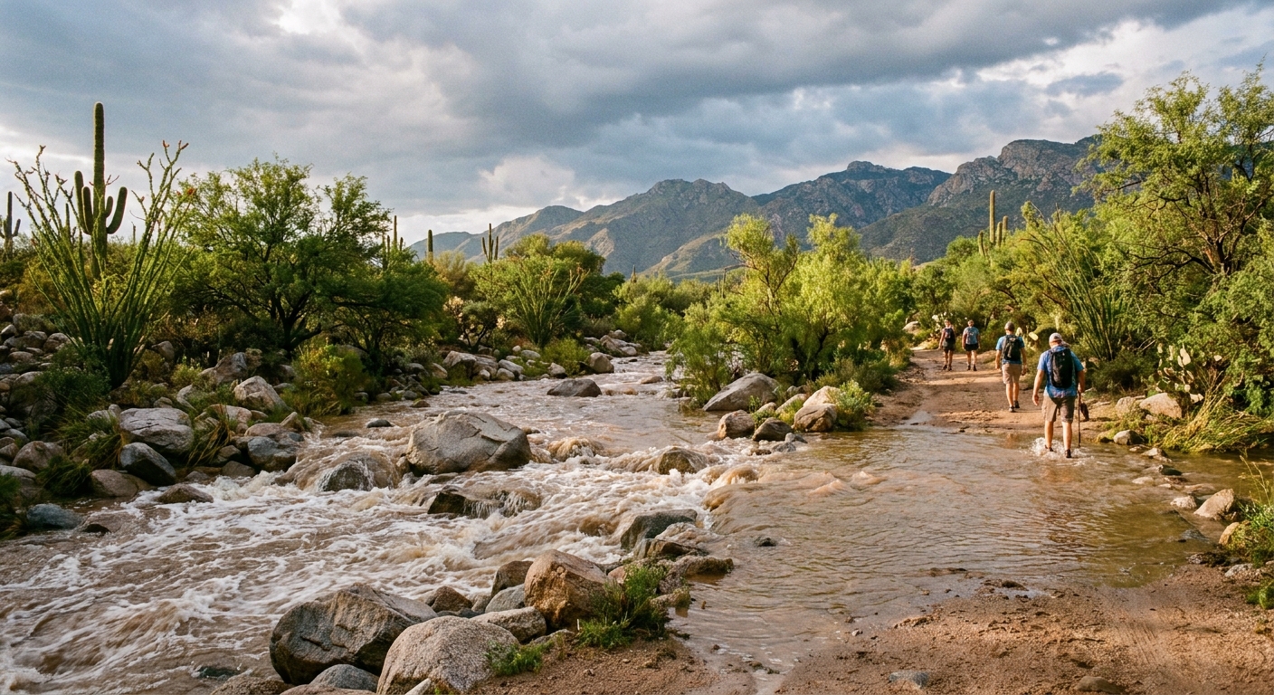 A real photograph of Sabino Creek flowing over rocks after a summer monsoon near Tucson, with shallow water crossing the trail and desert vegetation along the banks