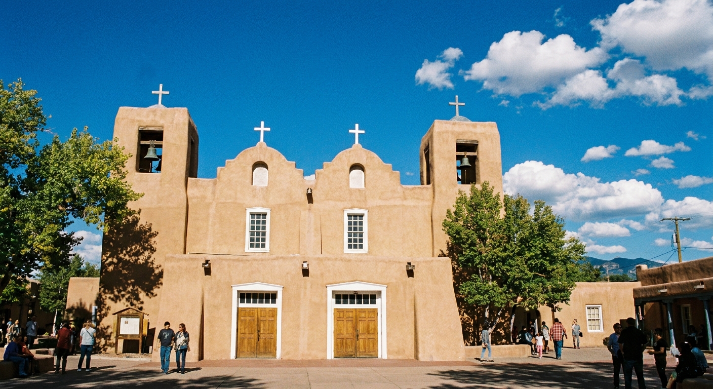 A real photograph of San Felipe de Neri Church in Albuquerque Old Town with its adobe facade and twin bell towers under a bright blue New Mexico sky