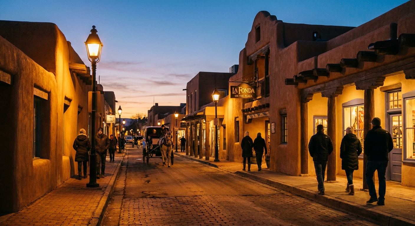 A real photograph of Santa Fe near the Plaza at dusk with adobe buildings, warm streetlights, and pedestrians walking along a narrow street