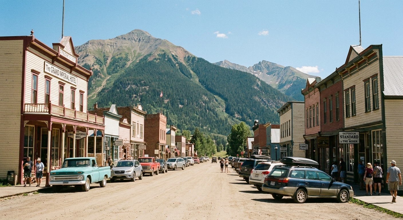 A real photograph of Silverton Colorado main street with historic storefronts, parked cars, and mountains rising behind the town in clear summer light