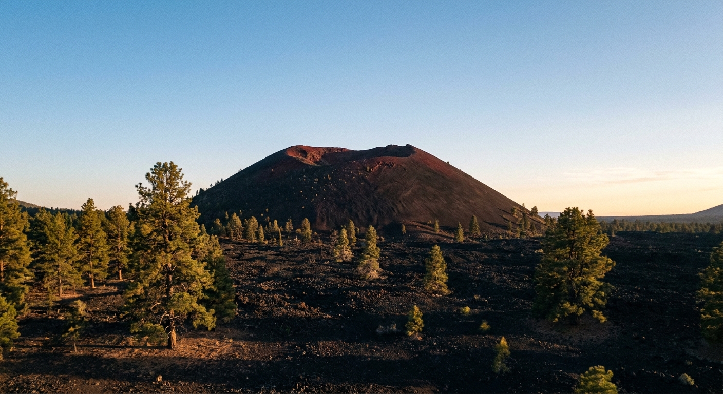 A real photograph of Sunset Crater Volcano's dark cinder cone rising above a foreground of black volcanic gravel and sparse pine trees under a clear Arizona sky