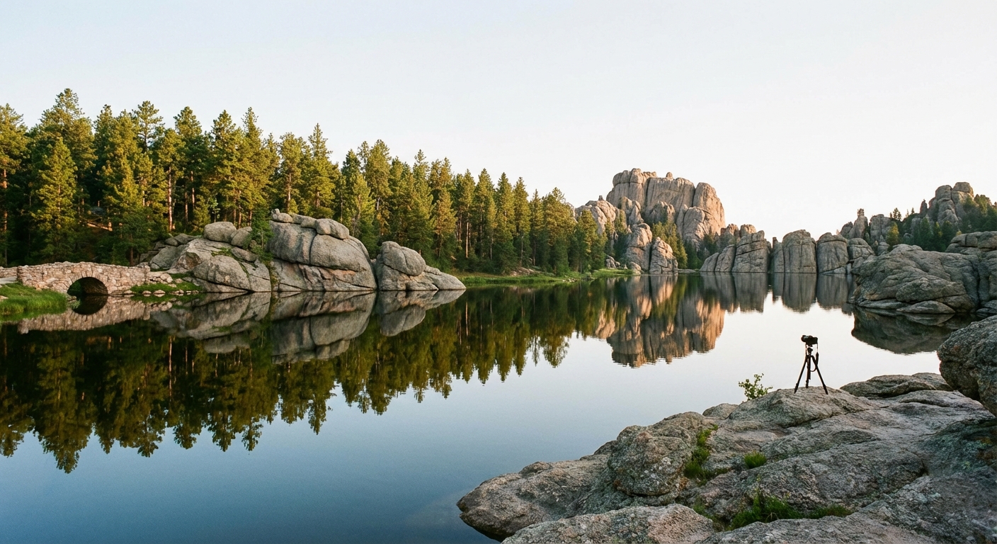 A real photograph of Sylvan Lake in Custer State Park with granite boulders along the shoreline and pine trees reflected in calm water