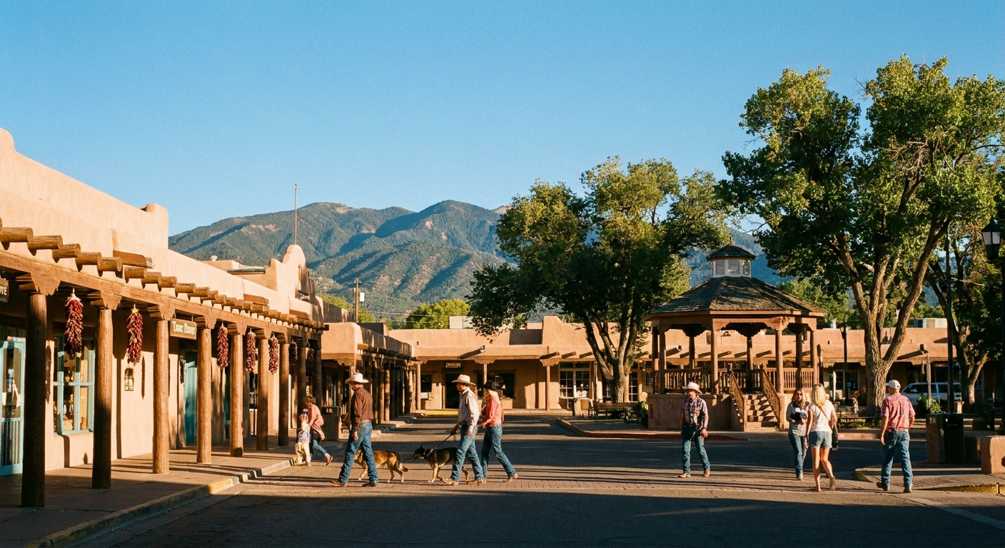 A real photograph of Taos Plaza in New Mexico in late afternoon light, with adobe-style storefronts, pedestrians crossing the square, and distant mountains under a clear sky