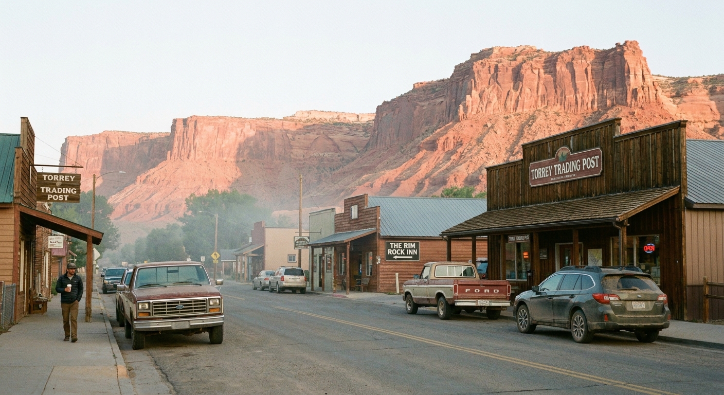 A real photograph of Torrey, Utah at sunrise with low desert light on the red cliffs in the distance, a quiet main street with a few storefronts, and parked cars, documentary travel photography style