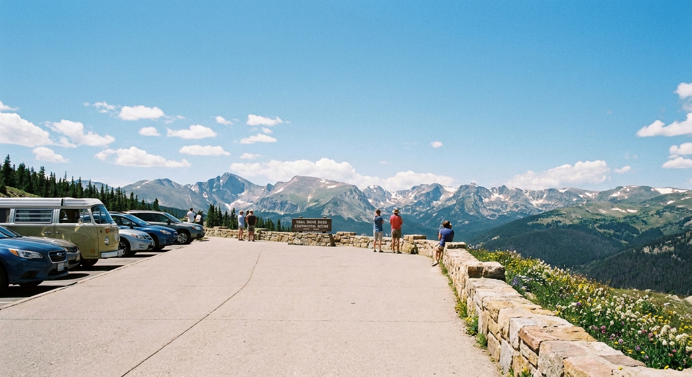 A real photograph of Trail Ridge Road in Rocky Mountain National Park on a clear summer day, with a wide paved overlook, a few parked cars, and sweeping alpine peaks under big blue sky