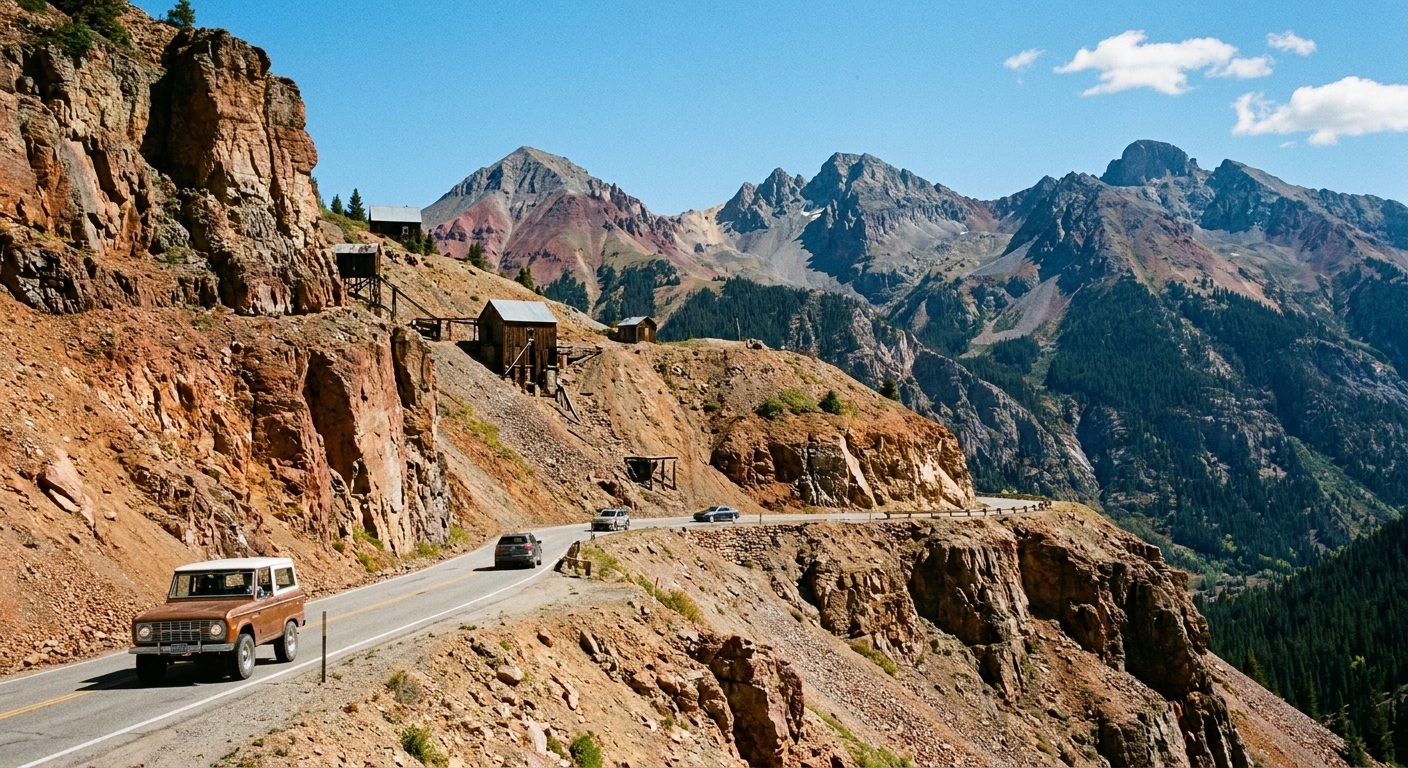A real photograph of US Highway 550 winding below Red Mountain Pass with steep cliffs and jagged San Juan peaks in the background on a clear day