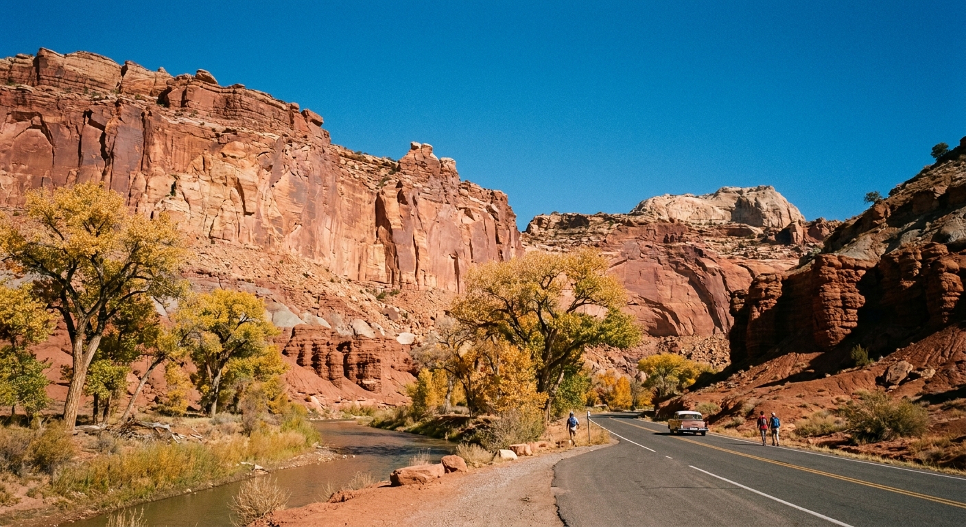 A real photograph of Utah State Route 24 running through Capitol Reef National Park with towering red sandstone cliffs and a few cottonwood trees under clear blue sky