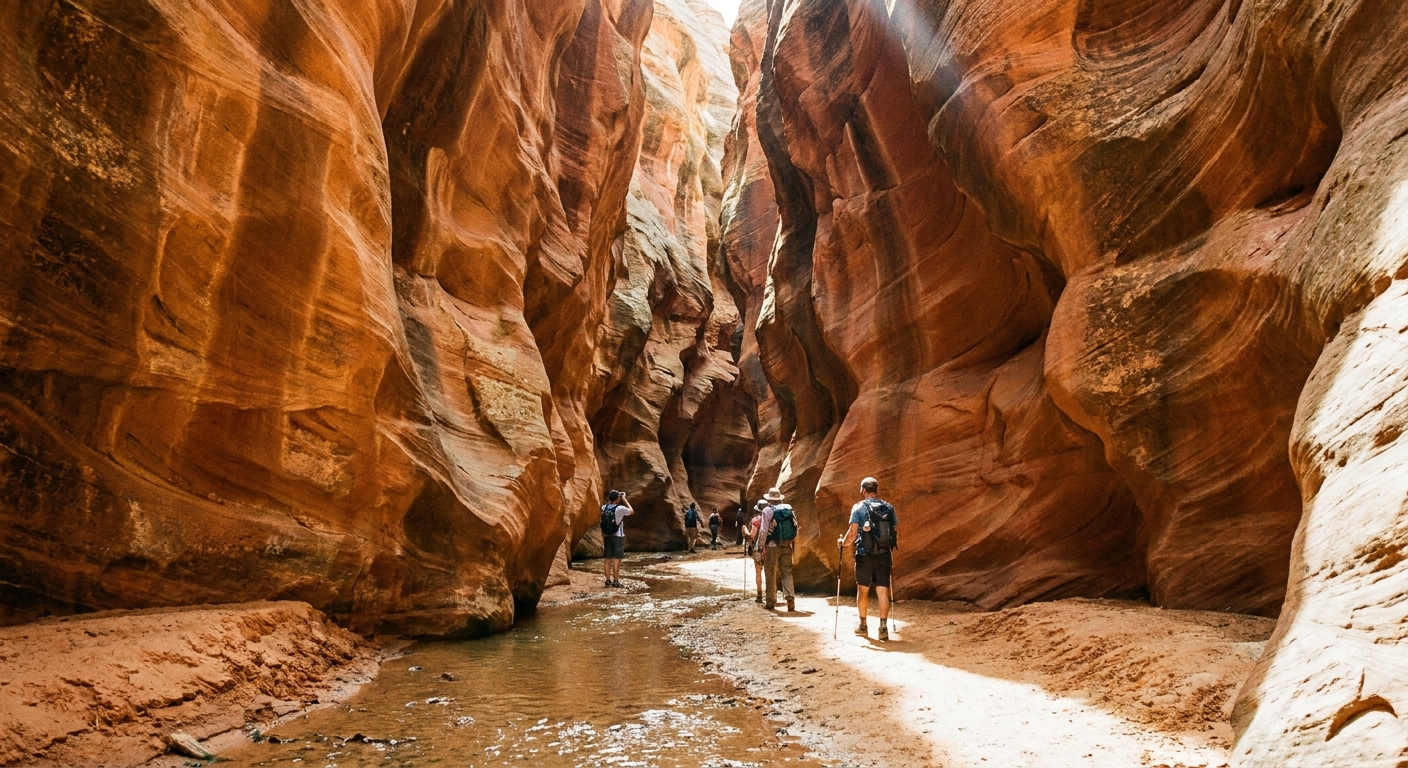 A real photograph of Willis Creek Slot Canyon with tall, curving orange sandstone walls narrowing above a shallow sandy creekbed, with a few hikers walking in the shade
