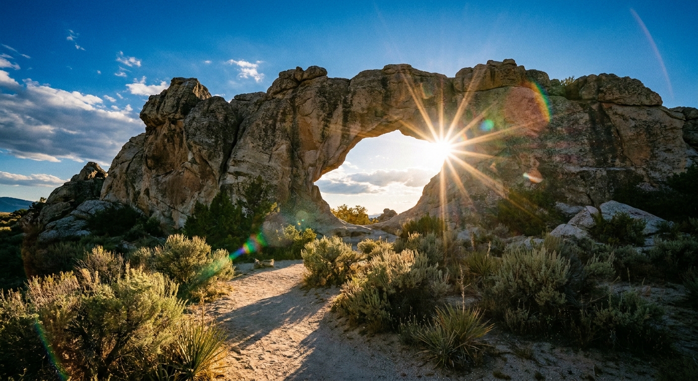 A real photograph of Window Arch in City of Rocks National Reserve with sunlight shining through the granite opening, a sandy trail in the foreground, and blue sky above