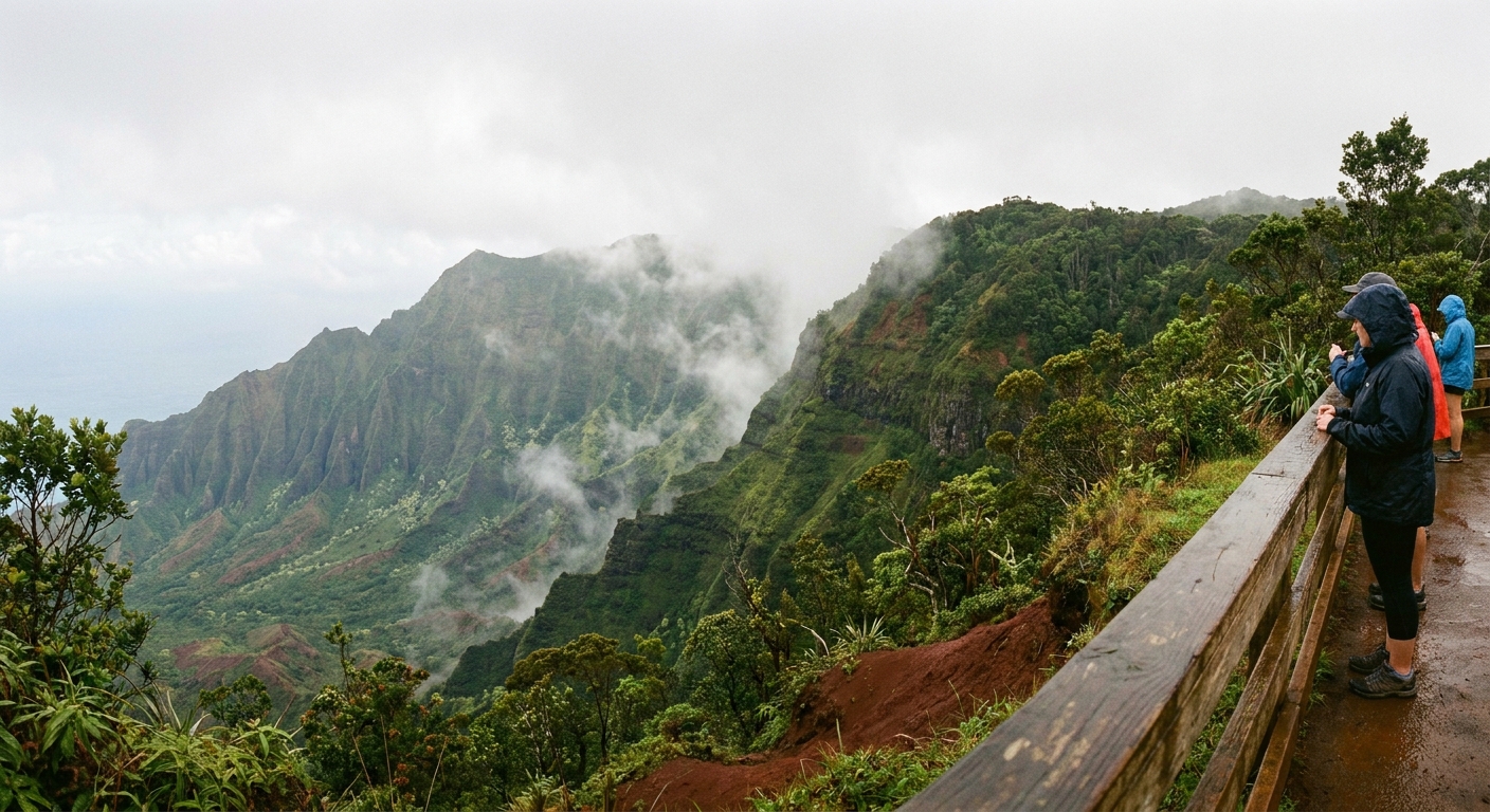 A real photograph of a Koke'e State Park lookout on Kauai with a guardrail and sweeping valley view, light mist drifting through green ridges