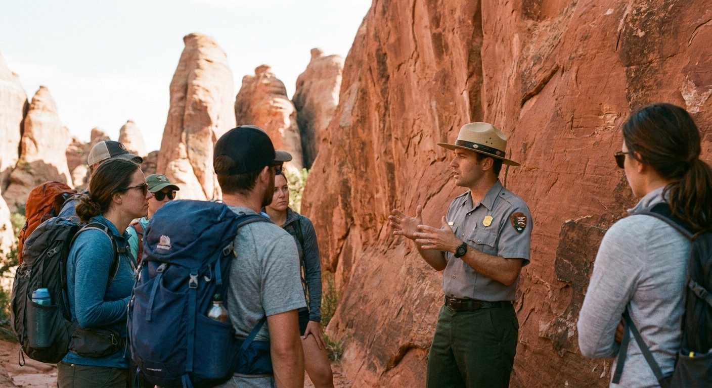 A real photograph of a National Park Service ranger in uniform speaking to a small group of hikers beside red sandstone fins in the Fiery Furnace area of Arches National Park