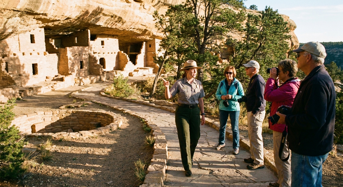 A real photograph of a National Park Service ranger guiding a small group of visitors along a stone path toward a cliff dwelling alcove at Mesa Verde, late afternoon light