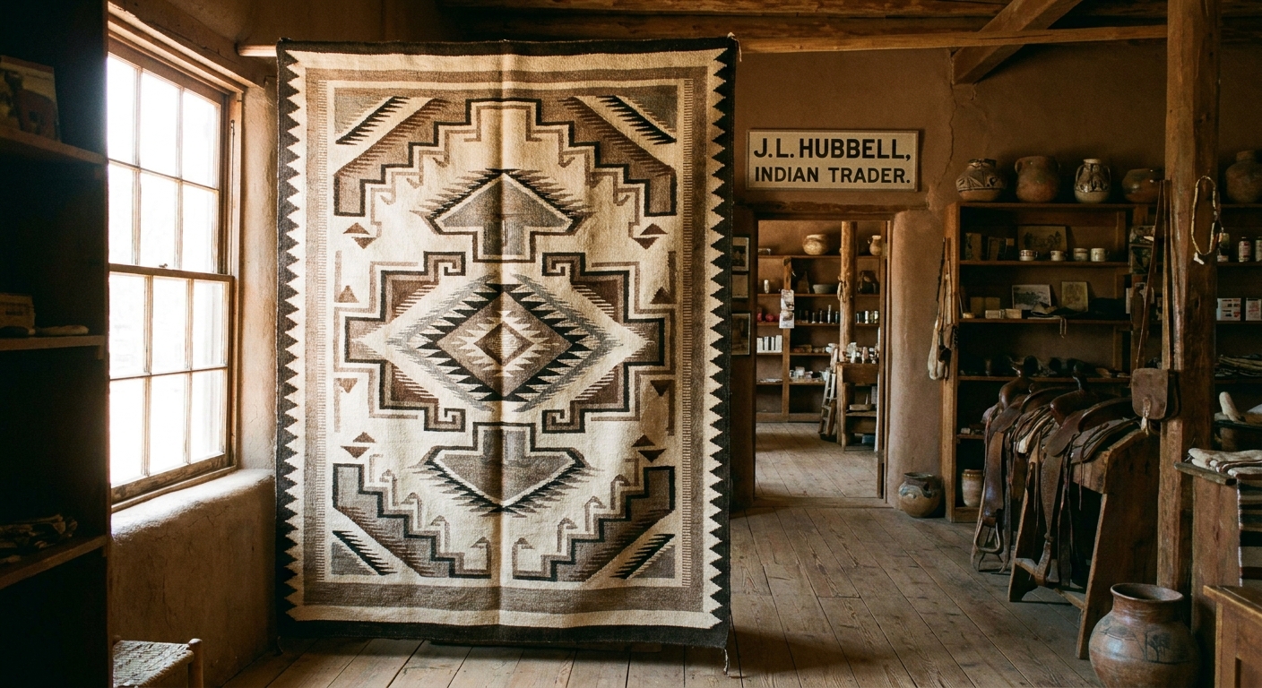 A real photograph of a Navajo woven rug displayed inside the Hubbell Trading Post, showing detailed patterns and natural indoor lighting