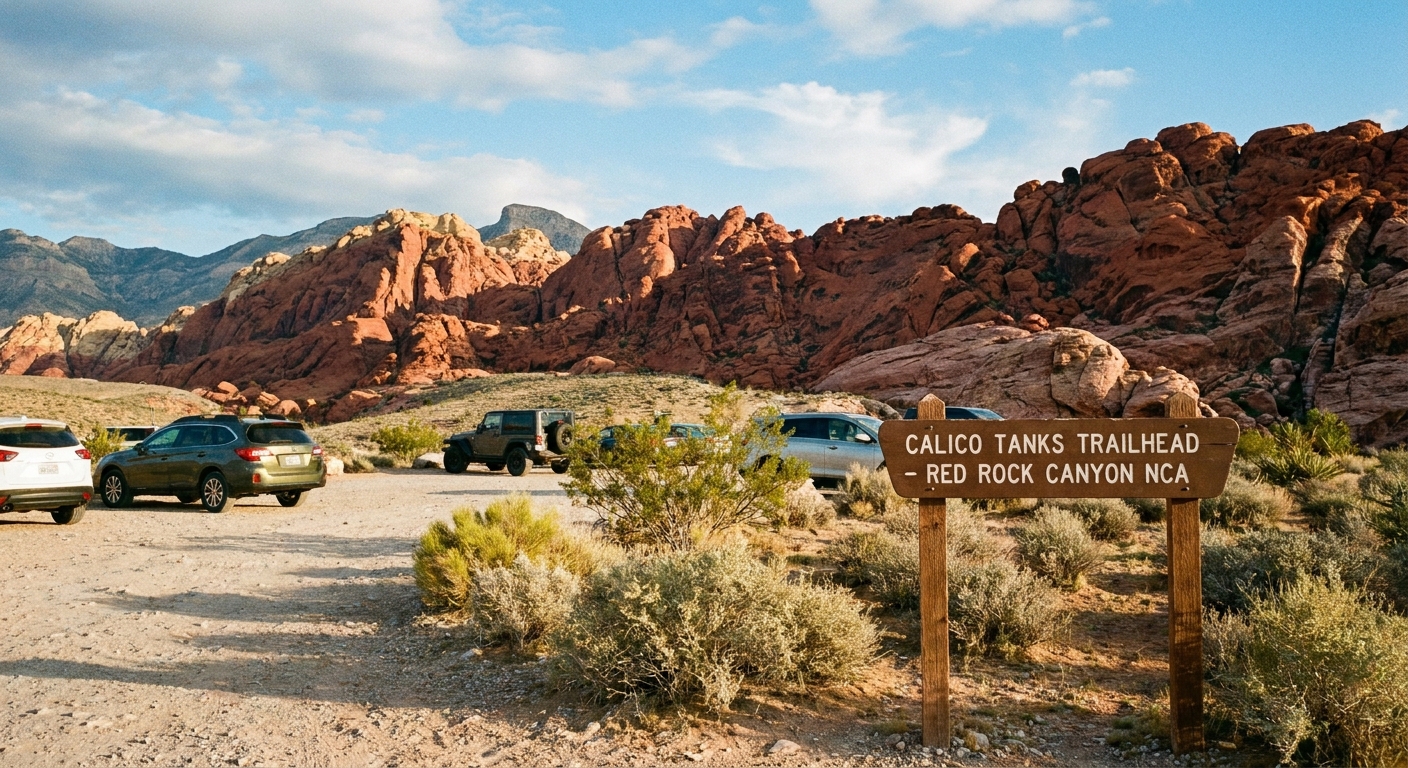 A real photograph of a Red Rock Canyon trailhead parking area in Nevada with desert shrubs, a small trail sign, and red sandstone cliffs in the background