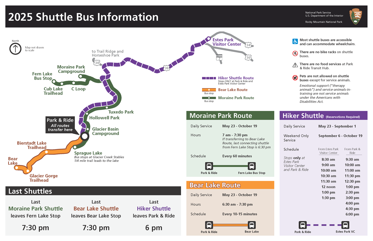 A real photograph of a Rocky Mountain National Park shuttle bus stopped near the Bear Lake Corridor with hikers waiting in outdoor clothing and daypacks