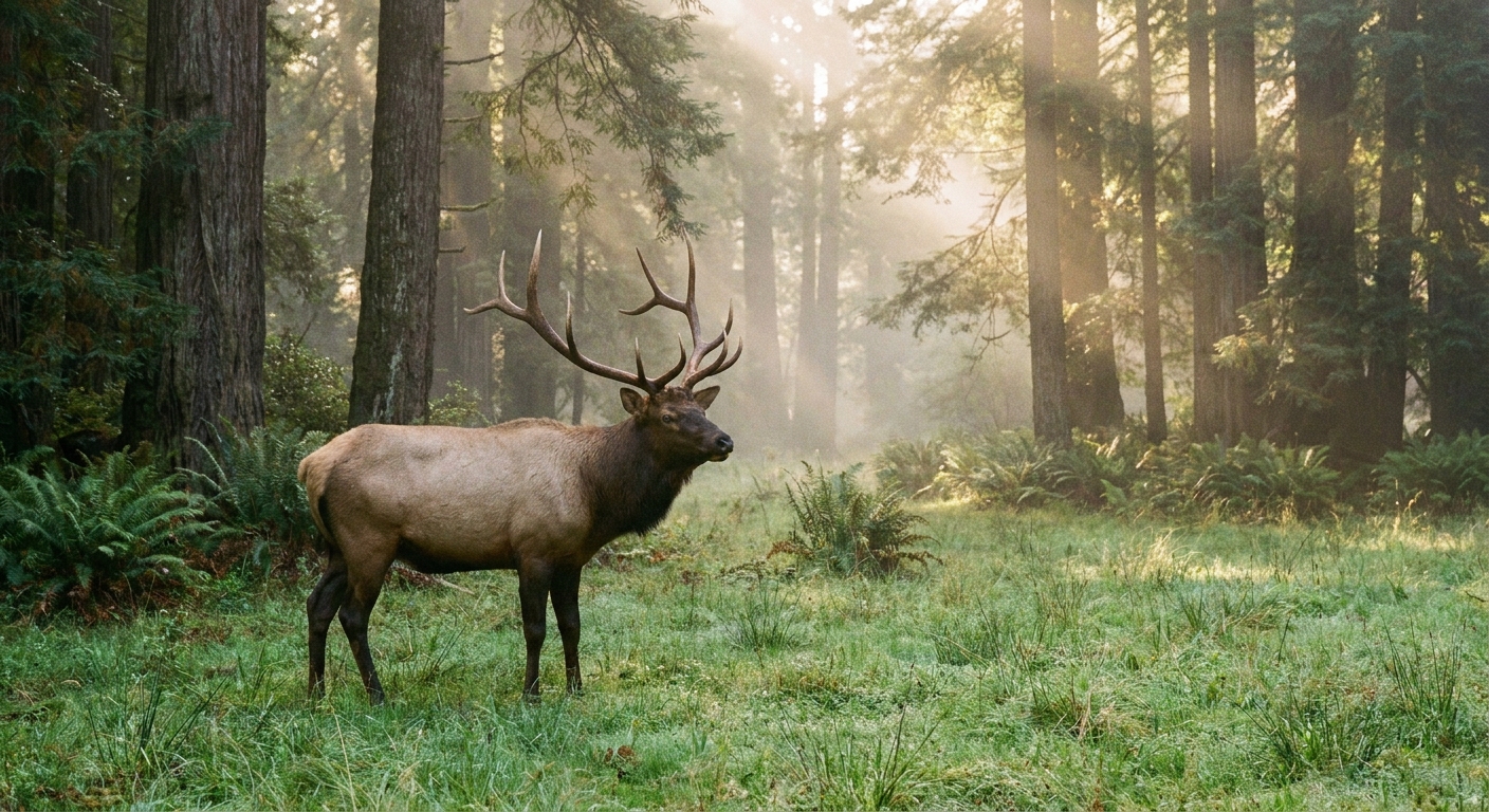 A real photograph of a Roosevelt elk standing in a grassy meadow at the edge of a redwood forest, with morning mist and soft light