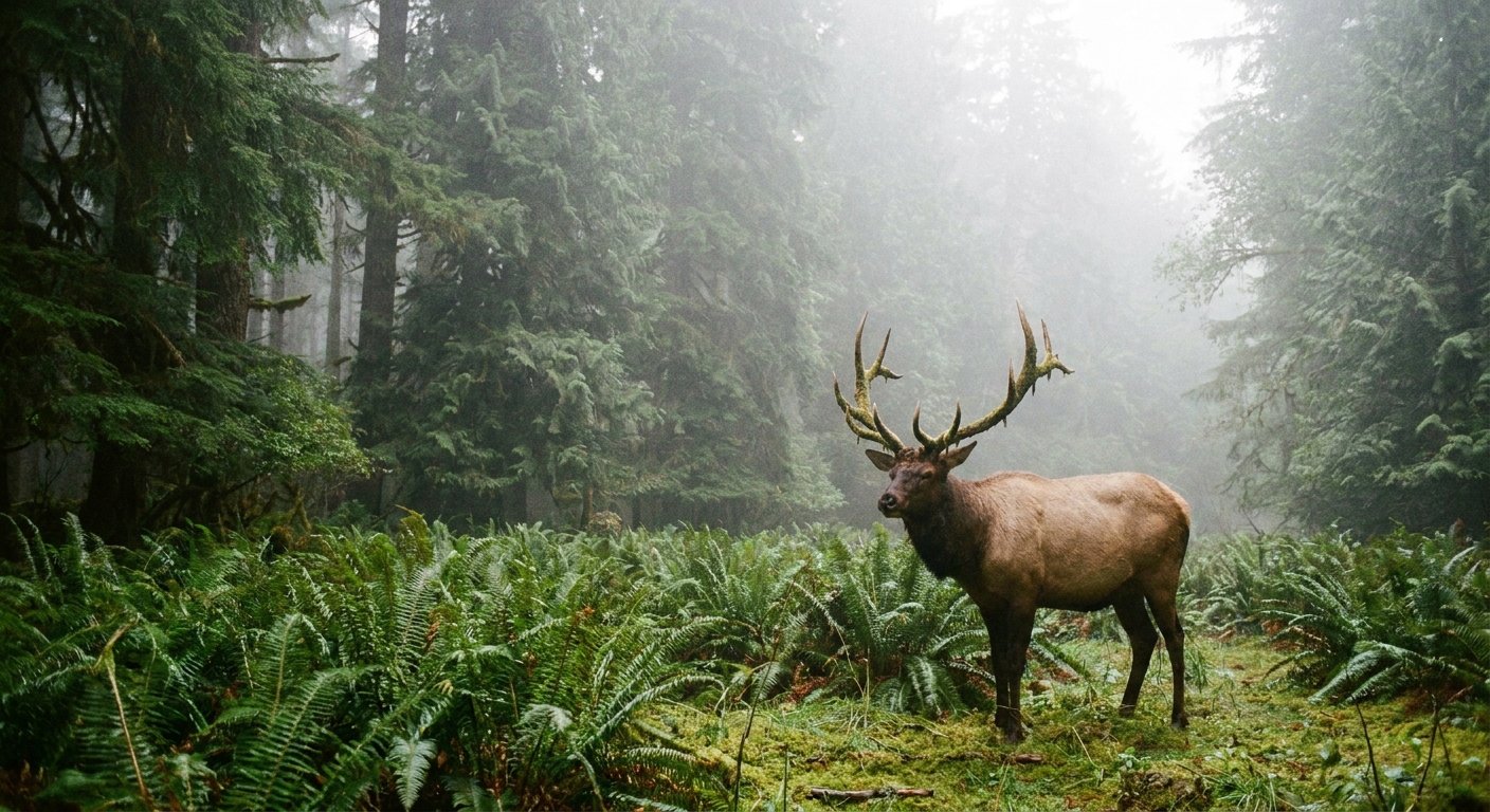 A real photograph of a Roosevelt elk standing in a ferny clearing in the Hoh Rainforest, with dark evergreen forest behind it and soft mist in the air